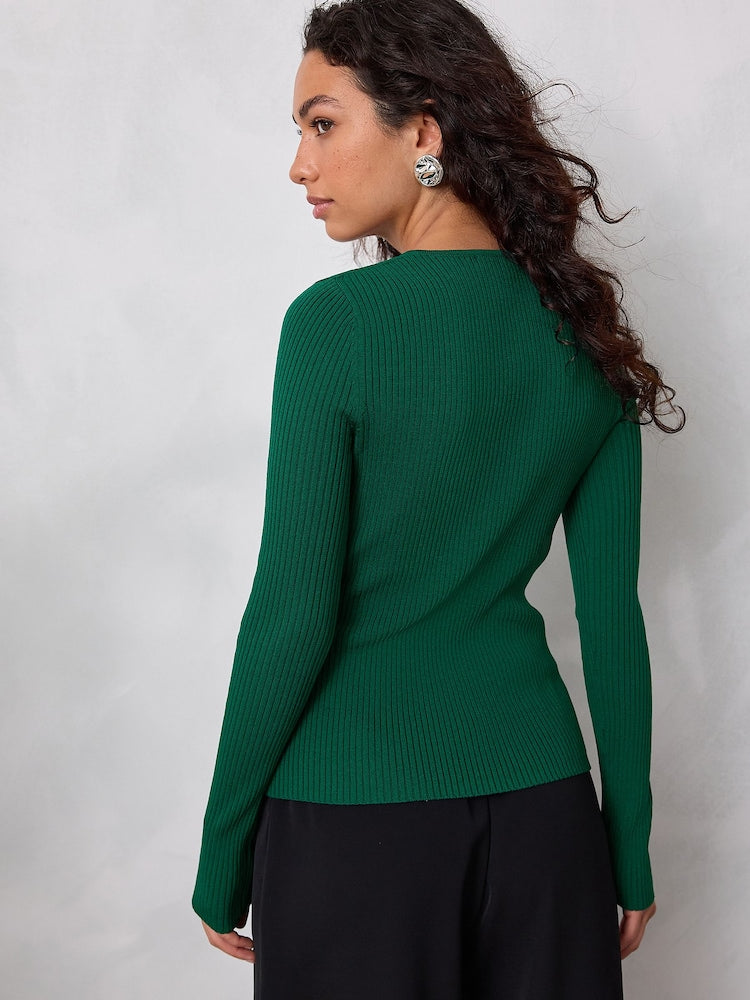 Dark Green Ribbed Crew Neck Long Sleeve Henley Jumper
