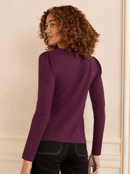 Burgundy Scallop V-Neck Long Sleeve Top