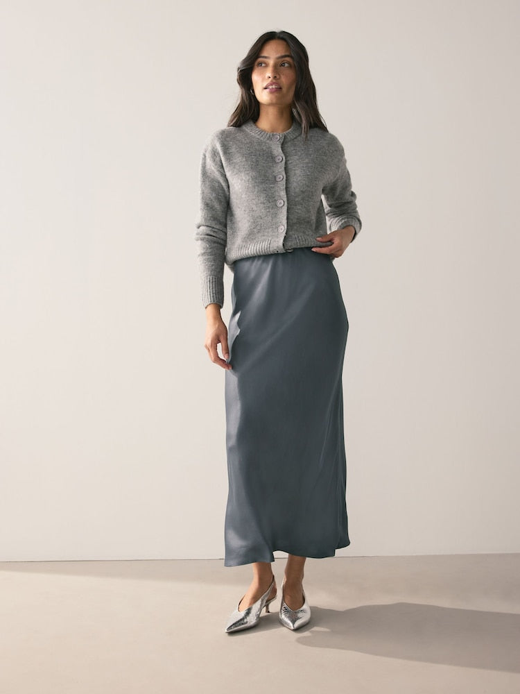 Charcoal Grey Satin Midi Skirt