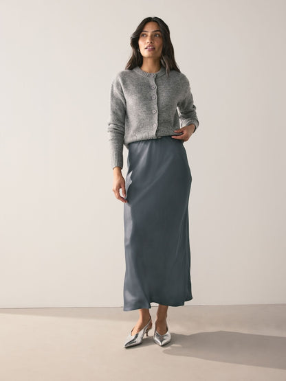 Charcoal Grey Satin Midi Skirt