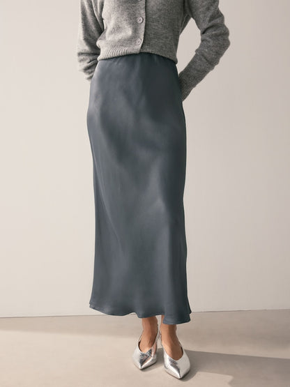 Charcoal Grey Satin Midi Skirt