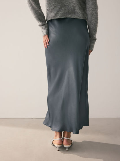 Charcoal Grey Satin Midi Skirt