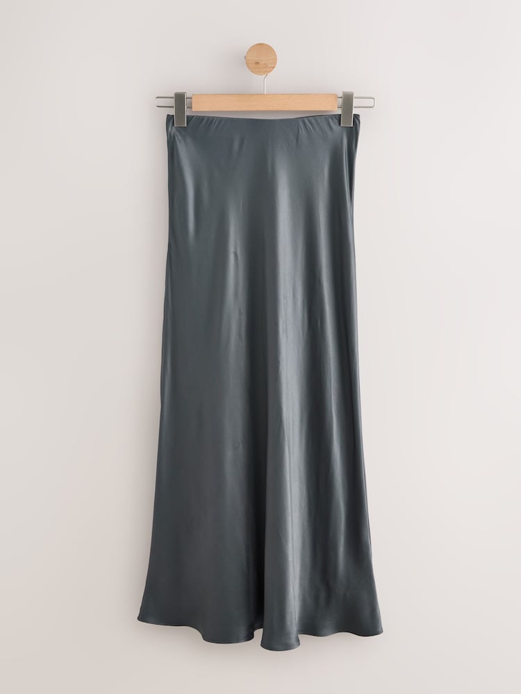 Charcoal Grey Satin Midi Skirt