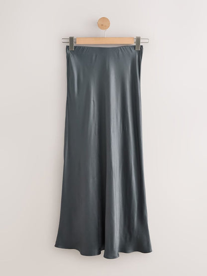 Charcoal Grey Satin Midi Skirt