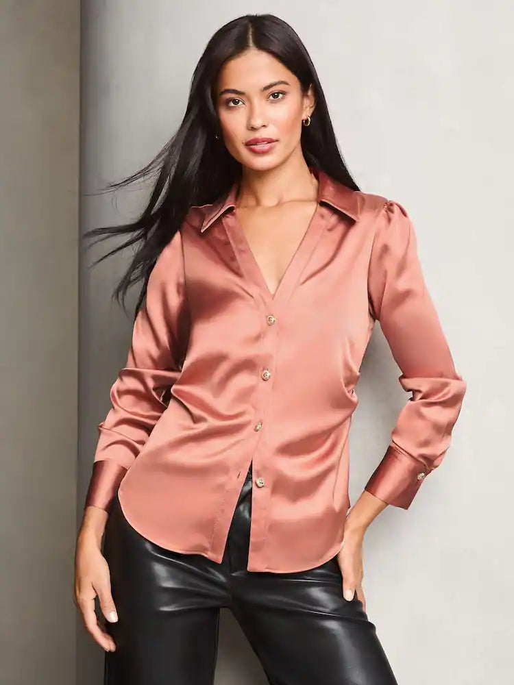 Lipsy Pink Ruched Side Satin Button Through Shirt