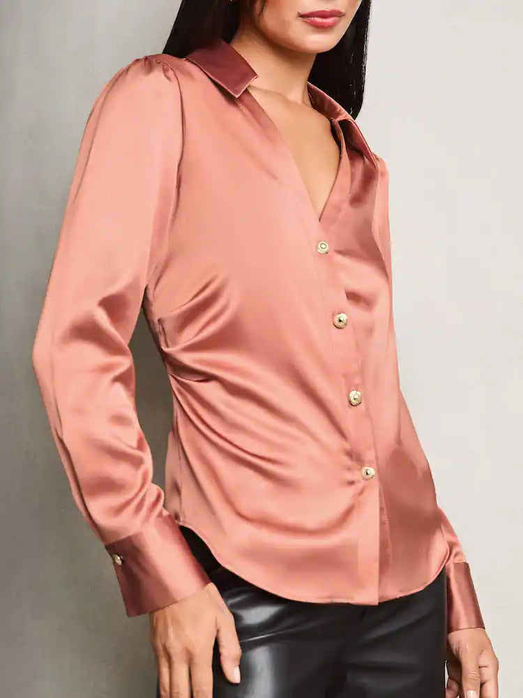 Lipsy Pink Ruched Side Satin Button Through Shirt