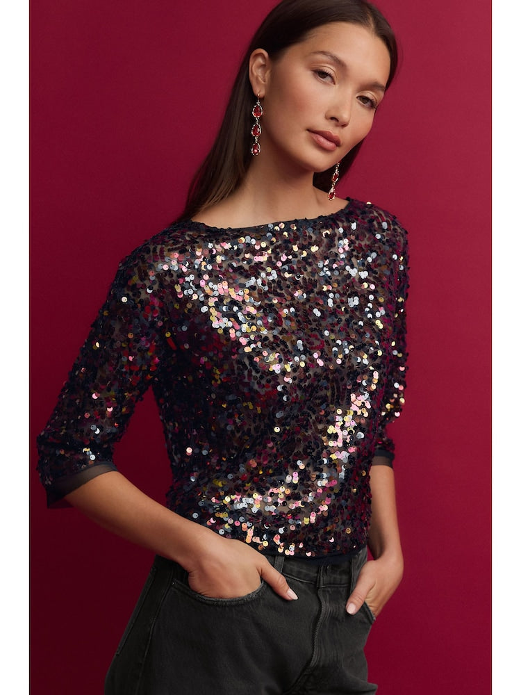 Petite Black/Pink Sequin Quarter Sleeve Mesh Top