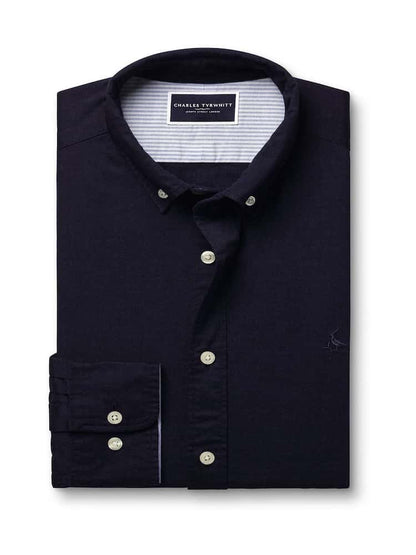 Button Down Collar Stretch Washed Oxford Slim Fit Shirt - Navy Blue