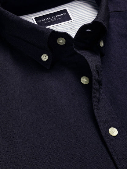 Button Down Collar Stretch Washed Oxford Slim Fit Shirt - Navy Blue