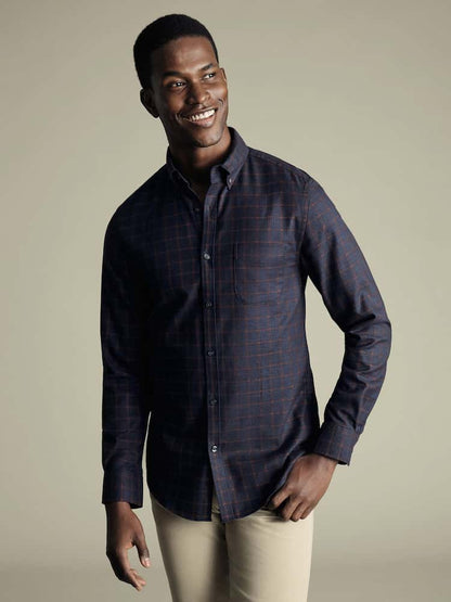 Non Iron Twill Cotton Check Slim Fit Shirt - Blue