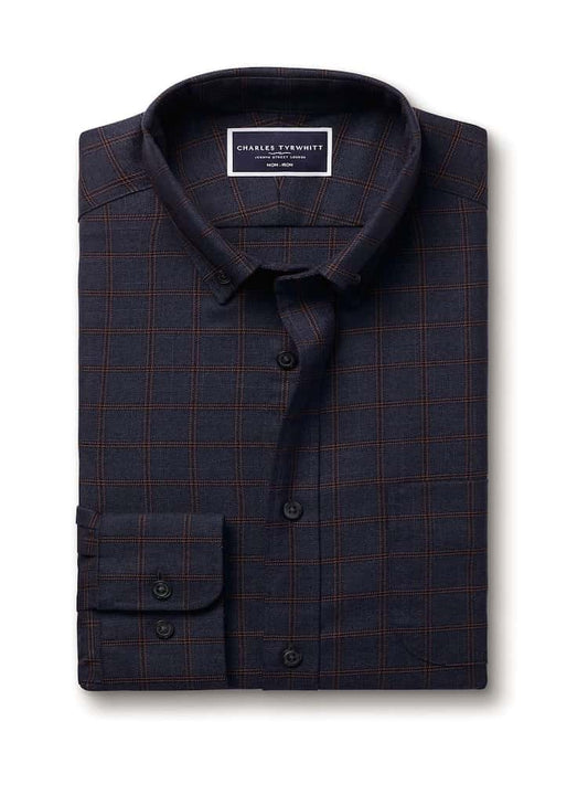 Non Iron Twill Cotton Check Slim Fit Shirt - Blue