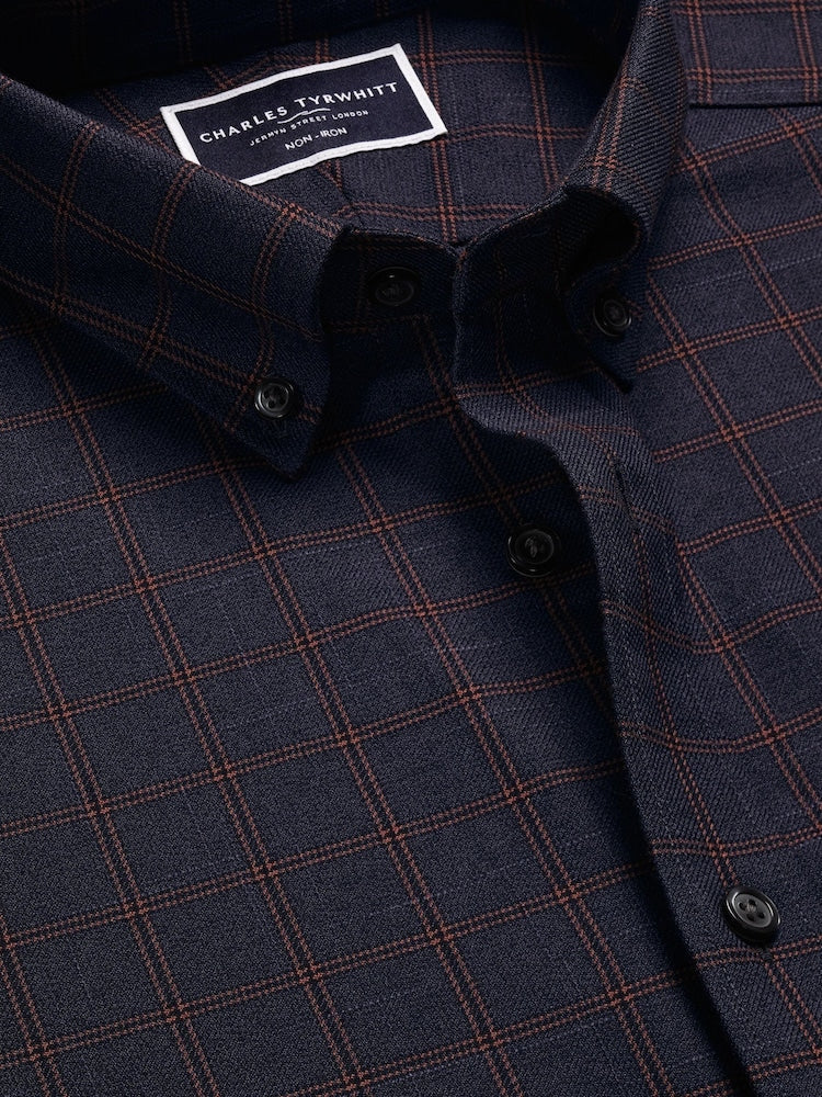 Non Iron Twill Cotton Check Slim Fit Shirt - Blue