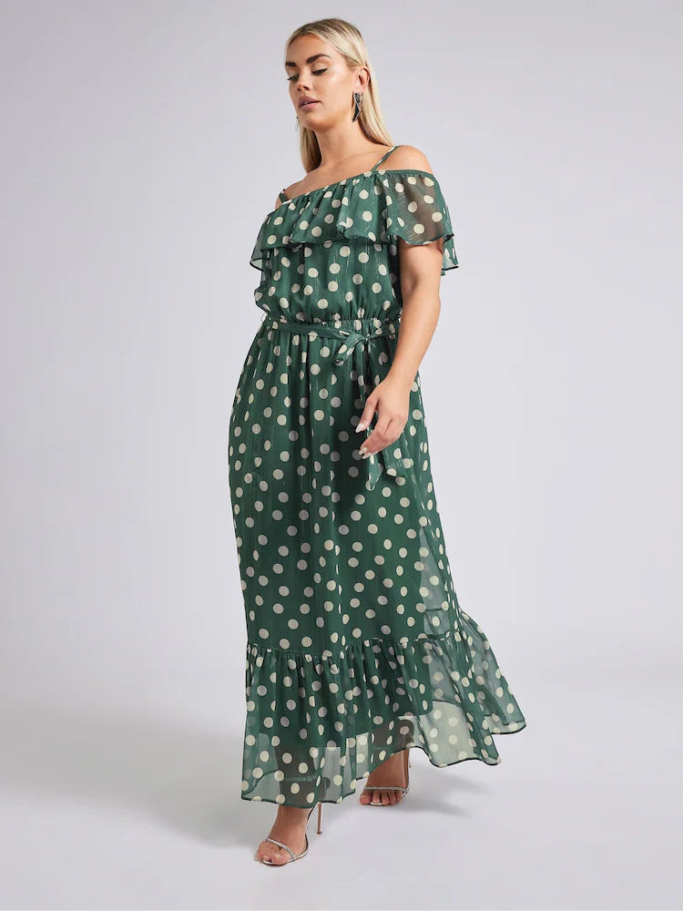 Yours Curve Green London Ruffle Maxi Dress
