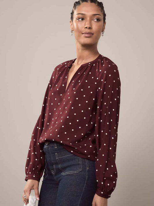 Burgundy Red Polkadot Sleeve V-Neck Blouse