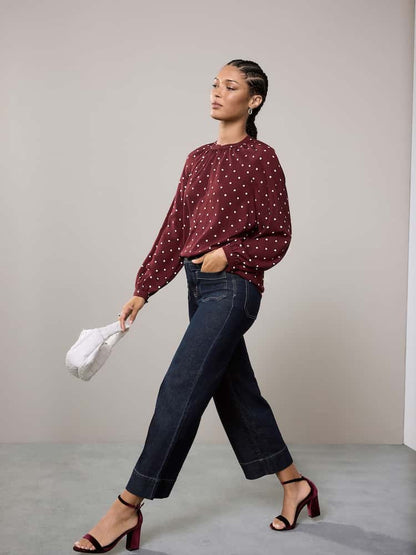 Burgundy Red Polkadot Sleeve V-Neck Blouse