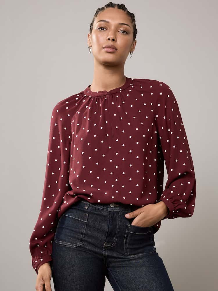 Burgundy Red Polkadot Sleeve V-Neck Blouse