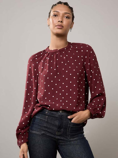 Burgundy Red Polkadot Sleeve V-Neck Blouse