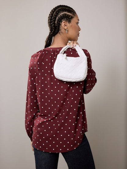 Burgundy Red Polkadot Sleeve V-Neck Blouse
