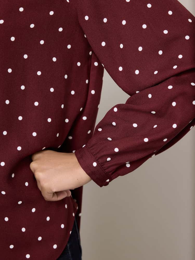 Burgundy Red Polkadot Sleeve V-Neck Blouse