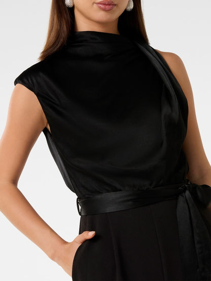 Forever New Black Sienna Satin Asymmetric Jumpsuit