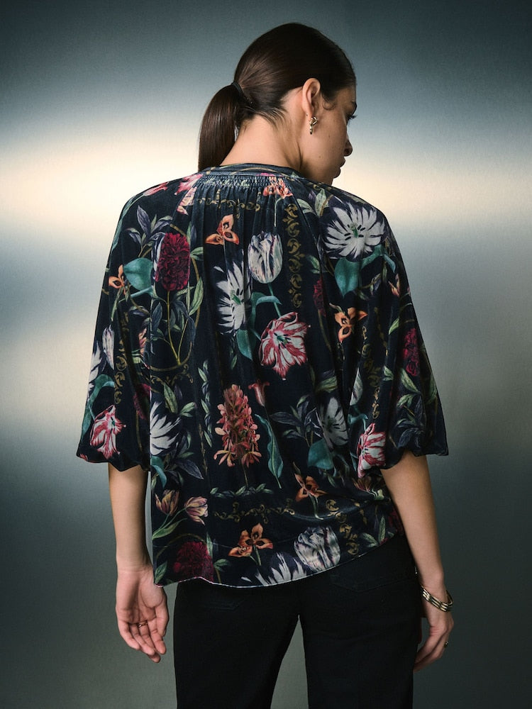 Black Kew Floral Print Velvet Volume Sleeve V-Neck Blouse