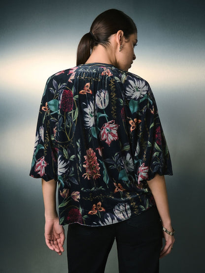 Black Kew Floral Print Velvet Volume Sleeve V-Neck Blouse