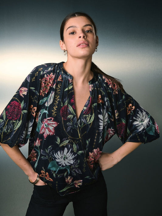 Black Kew Floral Print Velvet Volume Sleeve V-Neck Blouse