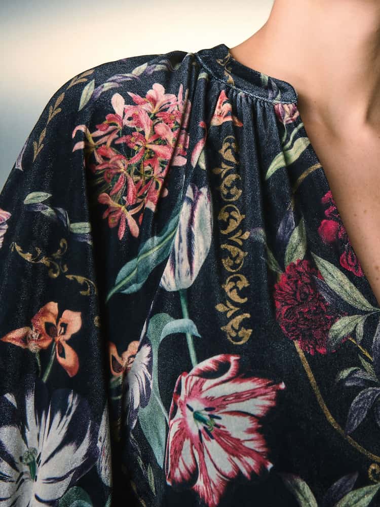 Black Kew Floral Print Velvet Volume Sleeve V-Neck Blouse
