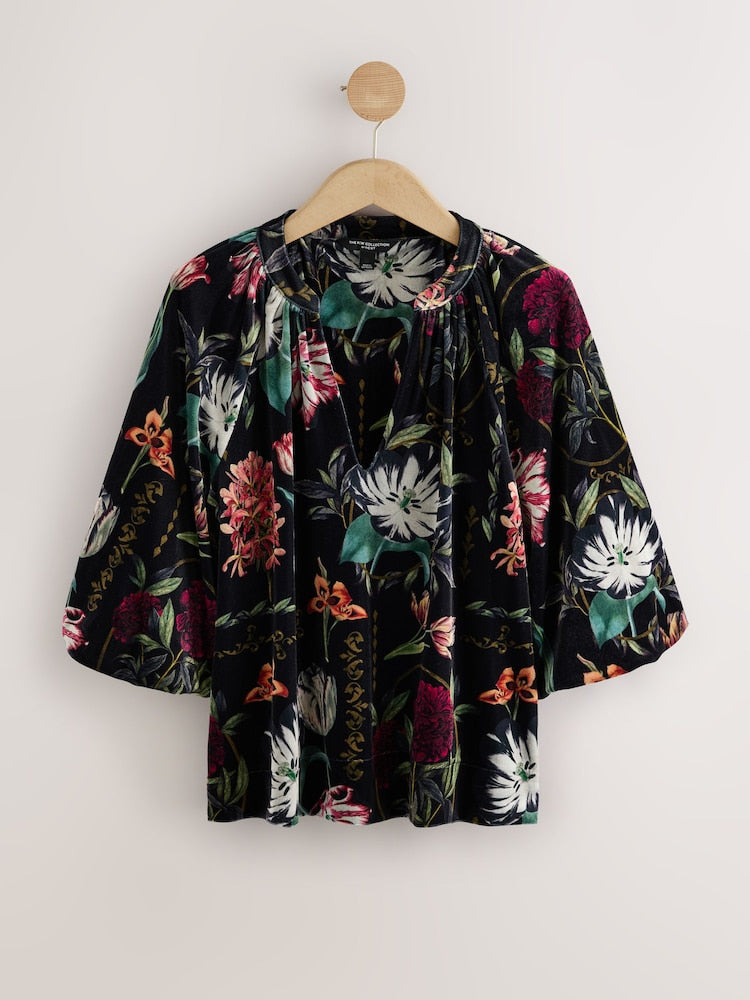 Black Kew Floral Print Velvet Volume Sleeve V-Neck Blouse