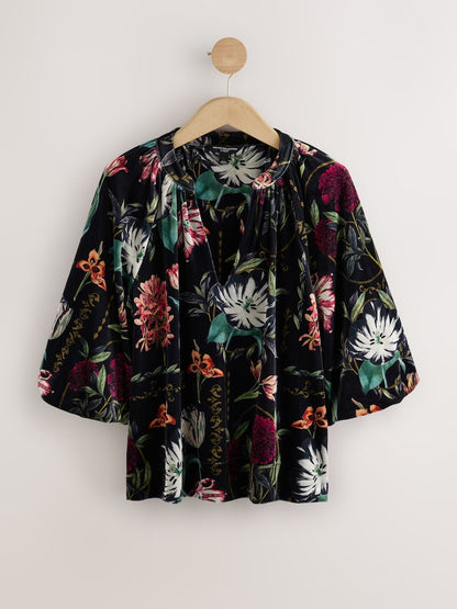 Black Kew Floral Print Velvet Volume Sleeve V-Neck Blouse