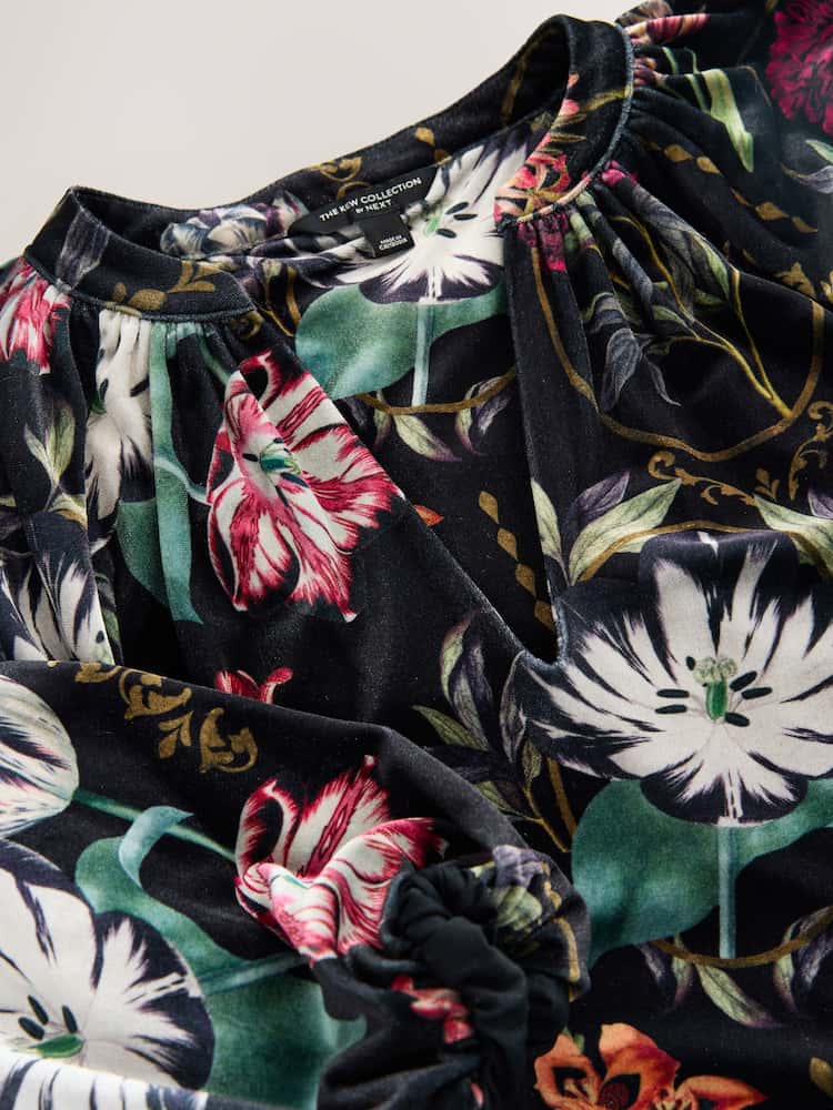 Black Kew Floral Print Velvet Volume Sleeve V-Neck Blouse