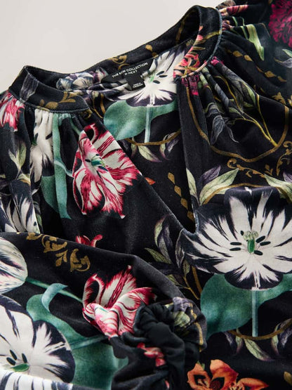 Black Kew Floral Print Velvet Volume Sleeve V-Neck Blouse