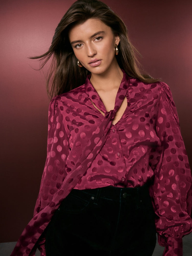 Burgundy Red Satin polka Dot Long Sleeve Tie Neck Blouse