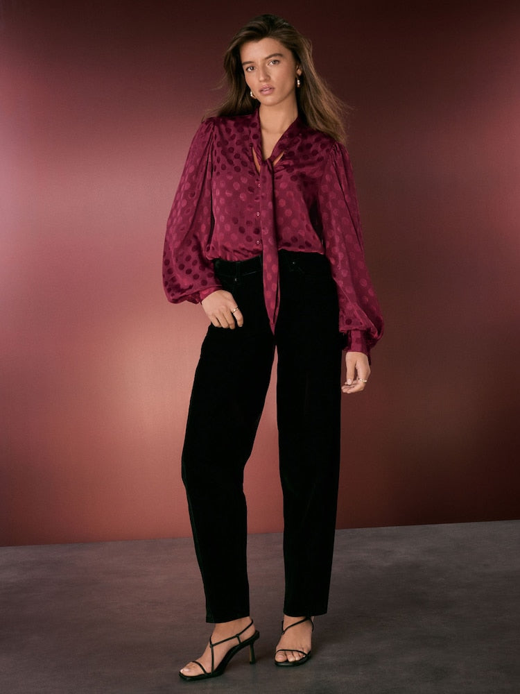 Burgundy Red Satin polka Dot Long Sleeve Tie Neck Blouse