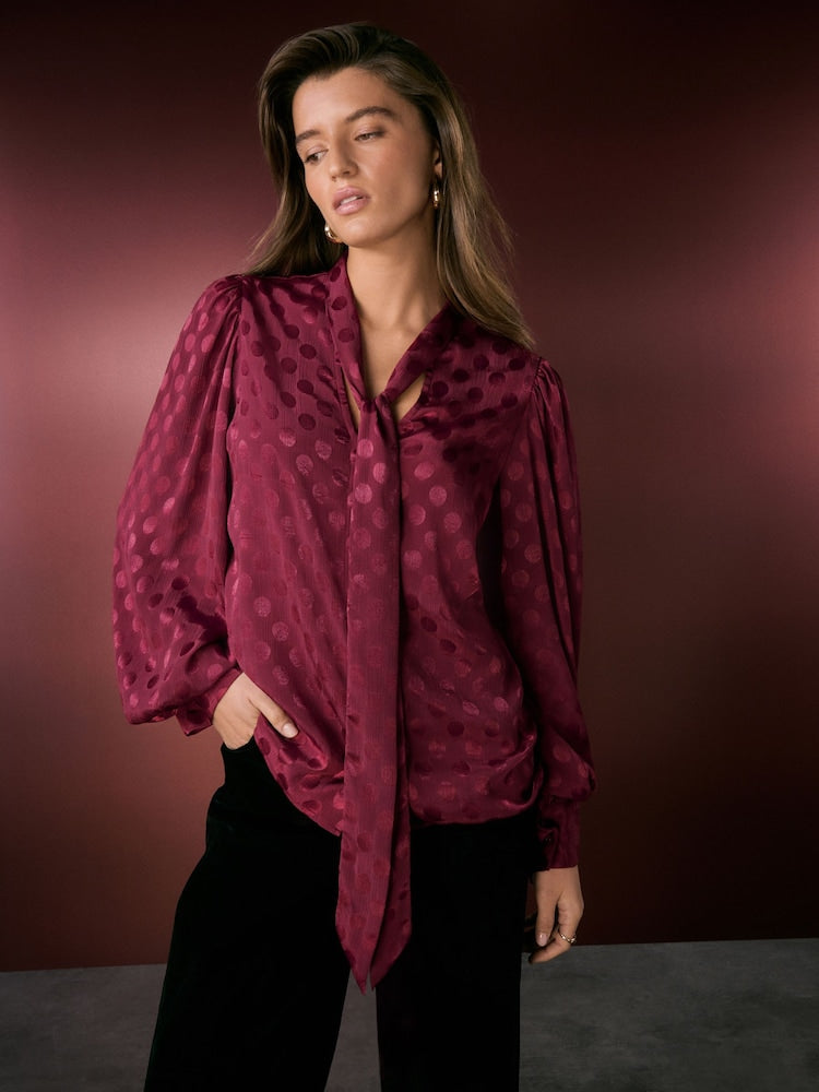 Burgundy Red Satin polka Dot Long Sleeve Tie Neck Blouse