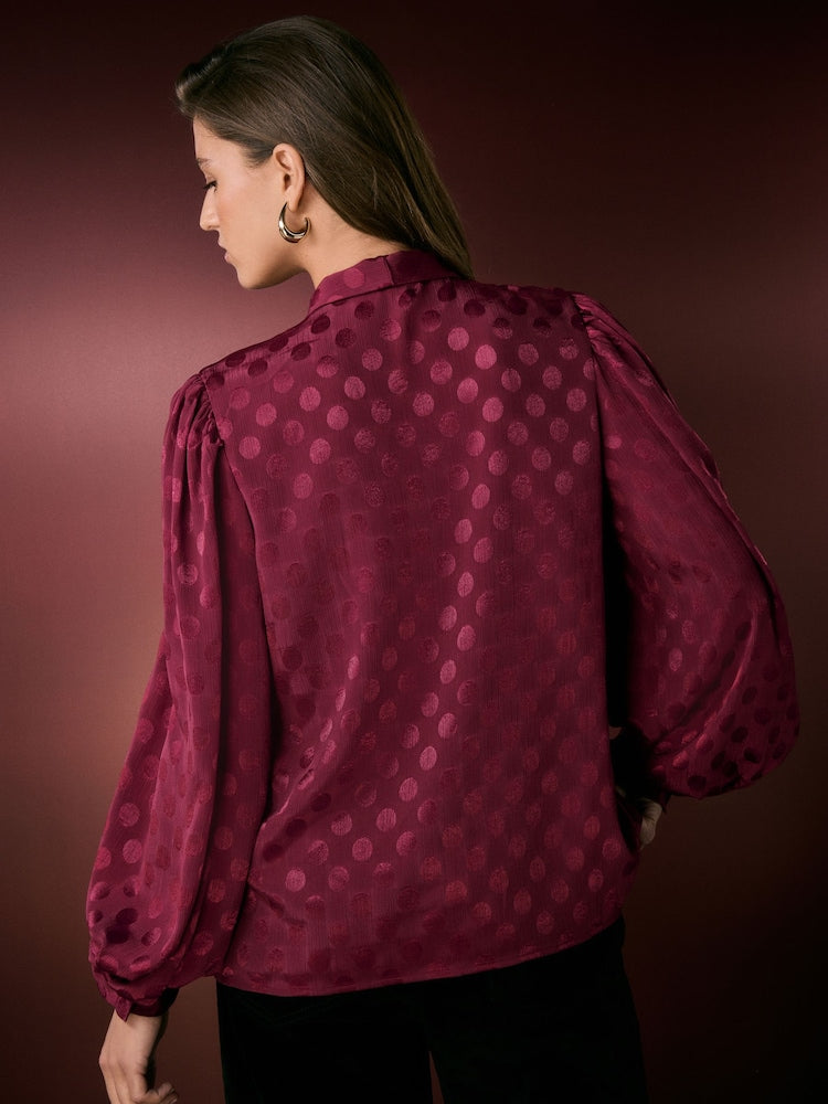 Burgundy Red Satin polka Dot Long Sleeve Tie Neck Blouse