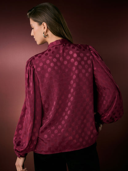 Burgundy Red Satin polka Dot Long Sleeve Tie Neck Blouse