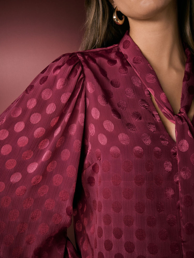 Burgundy Red Satin polka Dot Long Sleeve Tie Neck Blouse
