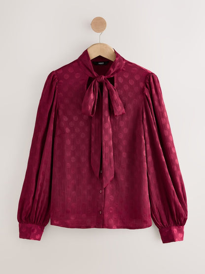 Burgundy Red Satin polka Dot Long Sleeve Tie Neck Blouse