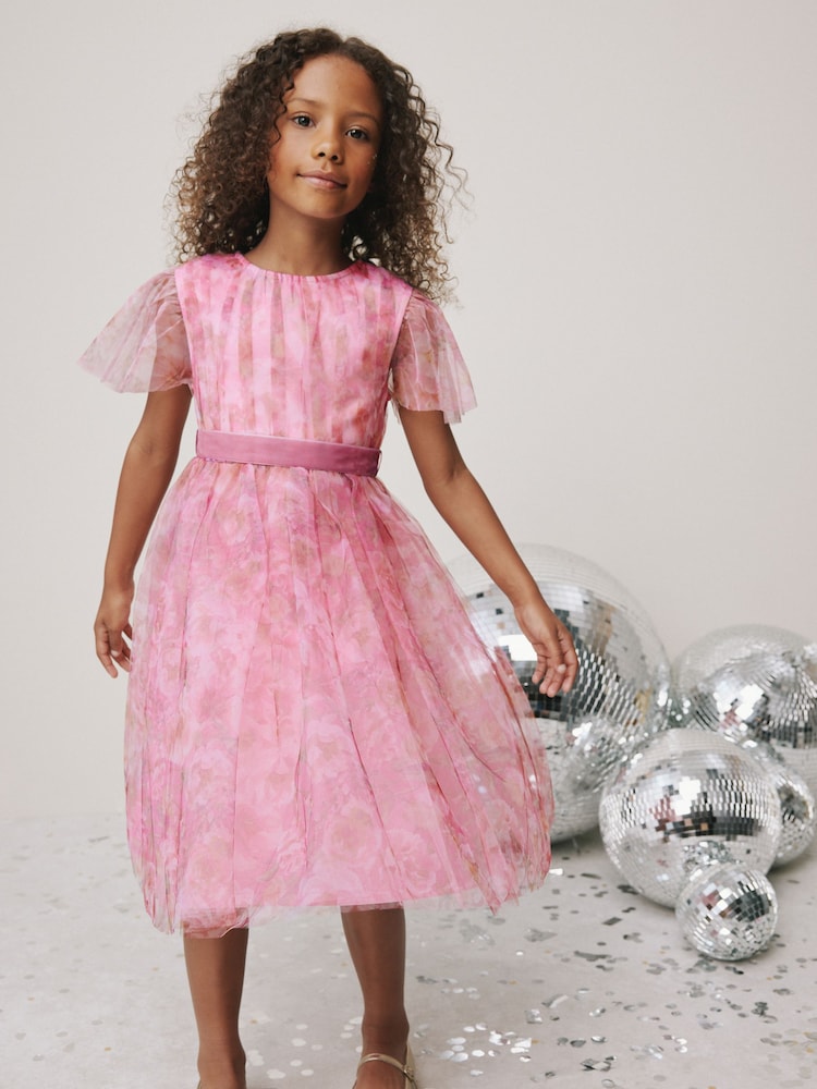 Pink Floral Mesh Party Dress