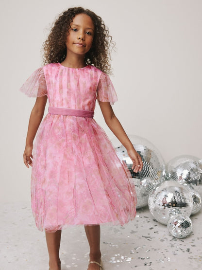 Pink Floral Mesh Party Dress