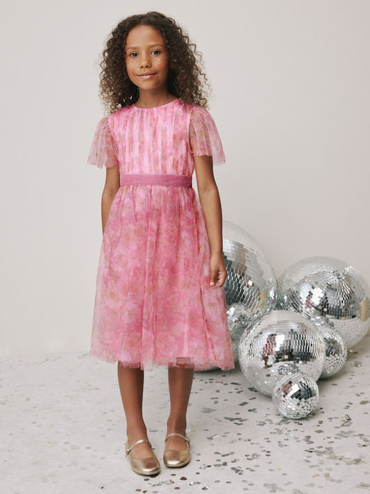 Pink Floral Mesh Party Dress