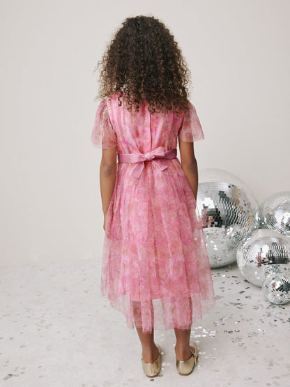 Pink Floral Mesh Party Dress