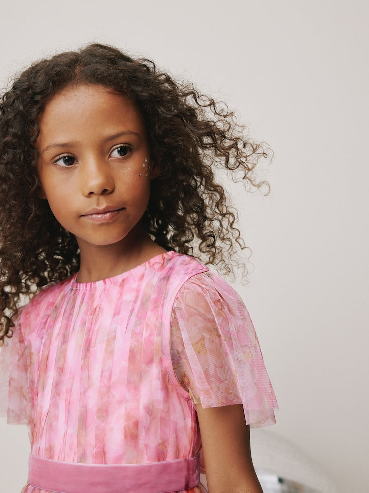 Pink Floral Mesh Party Dress