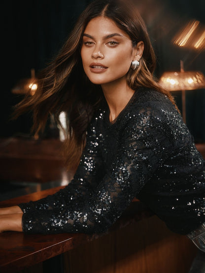 Black Sequin Fitted Long Sleeve Top