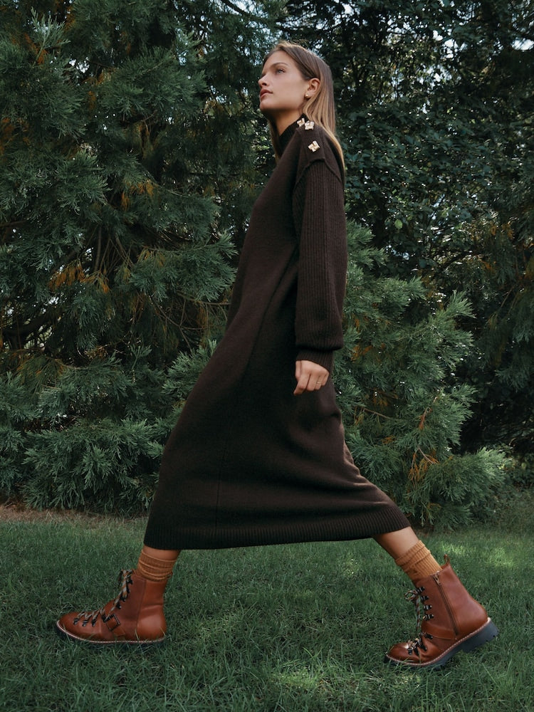 Chocolate Brown Stand Neck Knitted Midi Jumper Dress