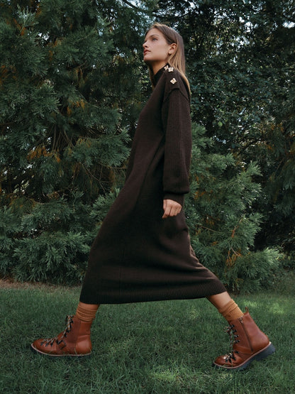 Chocolate Brown Stand Neck Knitted Midi Jumper Dress