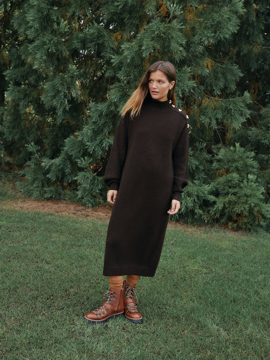 Chocolate Brown Stand Neck Knitted Midi Jumper Dress