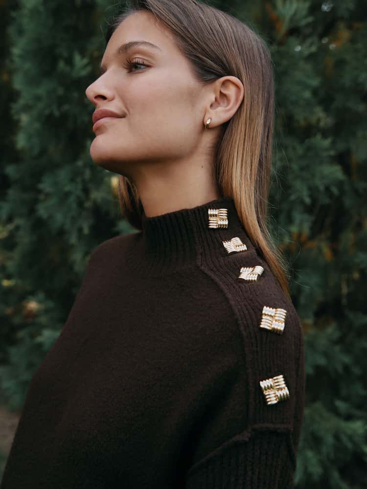 Chocolate Brown Stand Neck Knitted Midi Jumper Dress
