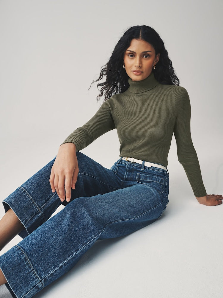 Khaki Green Roll Neck Ribbed Jumper